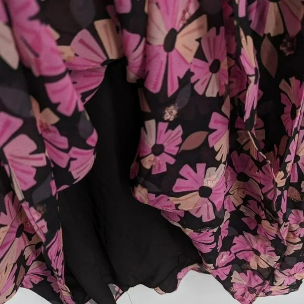 Kate Spade Wallflower Midi Dress 2 Black Pink Metallic Silk Chiffon Long Sleeve